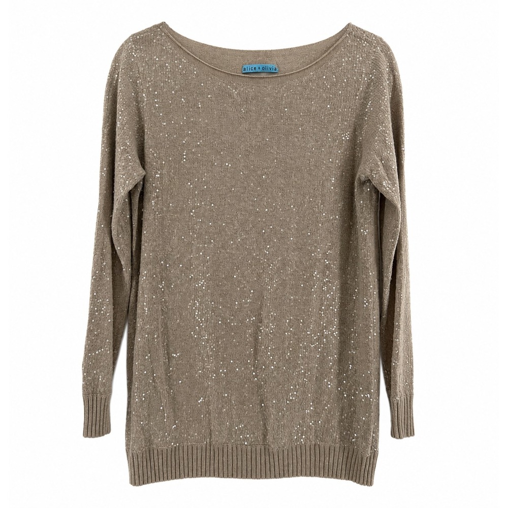 Alice + Olivia Sweater Womens Medium Champagne Sequin Knit Pullover Long Sleeve